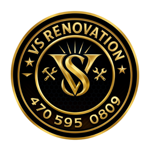 VS Renovation logo with tools and contact number in gold and black