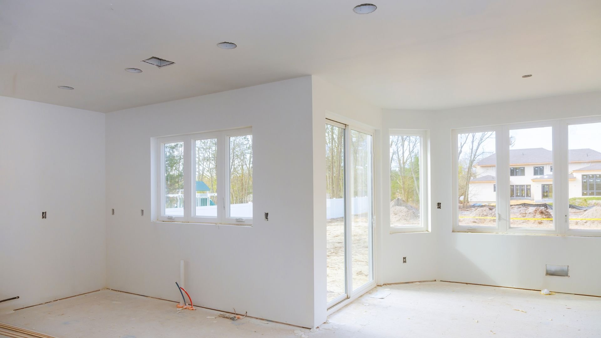 Unfinished interior room with large windows during home construction