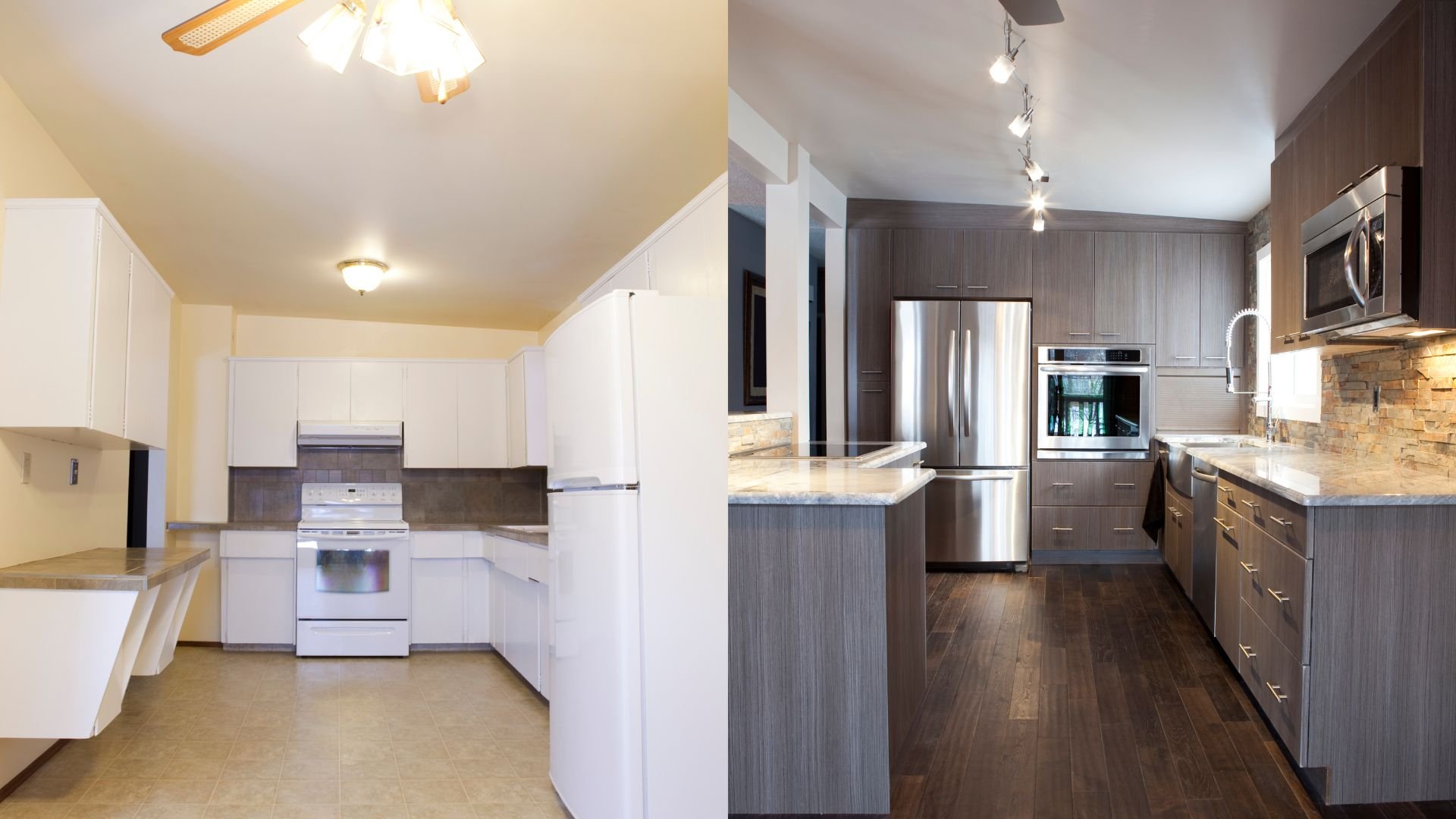Before and after kitchen renovation showing modern design transformation